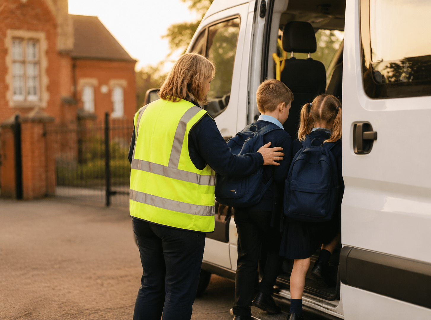 Passenger assistant helping school children board a vehicle